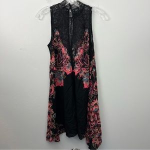 Free People Marsha Floral Printed Lace-Neck Short Dress Black Onyx